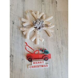 Rustic snowflake pine cone red truck tree set ornament Xmas
